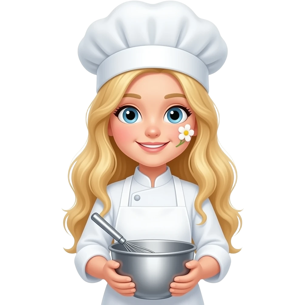 White sweet girl long blond hair dressed in white chef hat and white apron flower in face, standing with a mixing bowl emoji