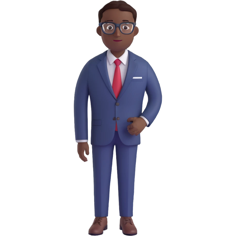 A dark-skinned man in a suit with glasses, full-length emoji