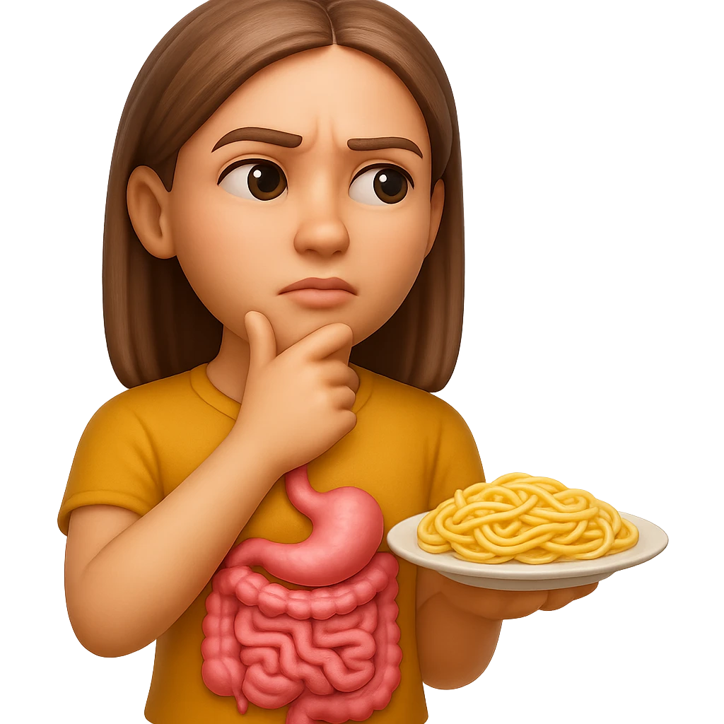 donna che guarda pensierosa con intestino in evidenza un piatto di pasta, stile emoji iphone, iperrealistico 4k emoji