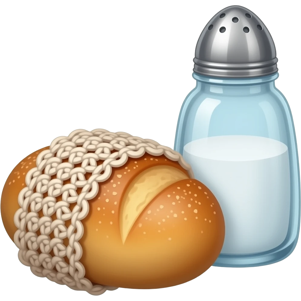 medieval style - a small cut-out peasant bread wrapped in crocheted fabric, next to which stands a large glass salt shaker emoji