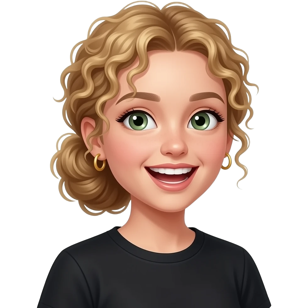 Create a fair girl with super curly hair and sage green eyes and curly dirty blonde hair, and give her gold small hoop earrings, curlier hair, and give her some lip gloss, and give her a black t shirt, and pull her hair back a little bit into a low bun, andmake her look like shes laughing hard emoji