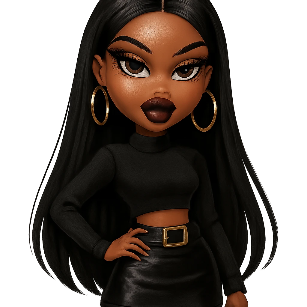 fashionable Bratz baddie, brown skin, straight black hair, dramatic makeup, dark brown eyes, gold hoop earrings emoji
