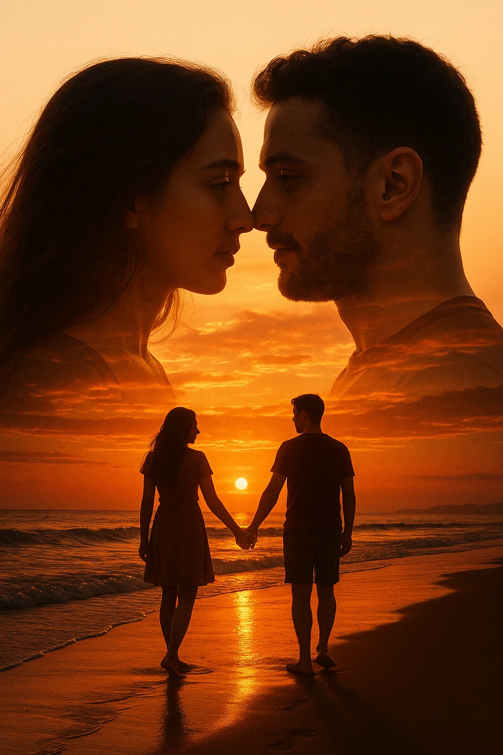Una doppia esposizione cinematografica di noi di profilo, con un paesaggio di spiaggia al tramonto integrato nella silhouette.
La scena interna ci mostra entrambi camminare sulla sabbia bagnata, tenendoci per mano, con le onde del mare che si infrangono è facile e un cielo colorato dagli ultimi raggi di sole. Atmosfera calda e intima, toni dorati arancioni, dettagli fini ed espressivi, risoluzione 8K. emoji