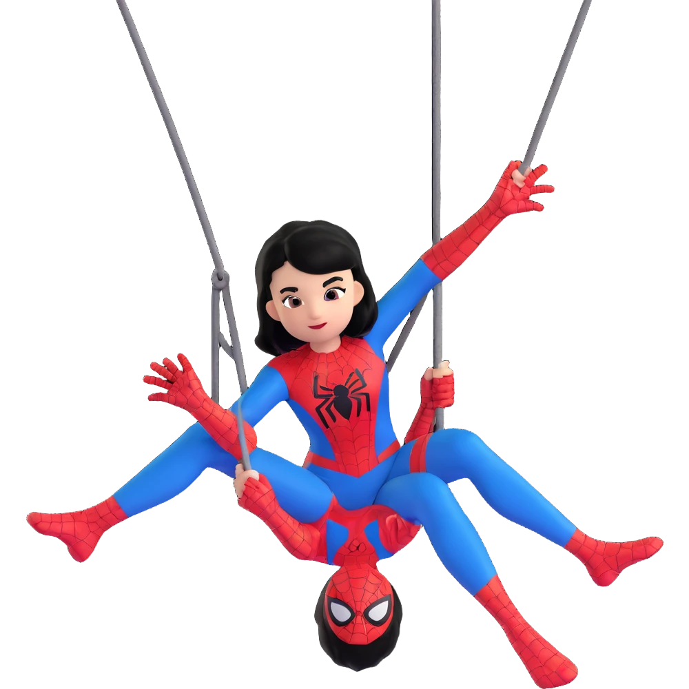 girl with black hair swinging in a Spiderman suit emoji