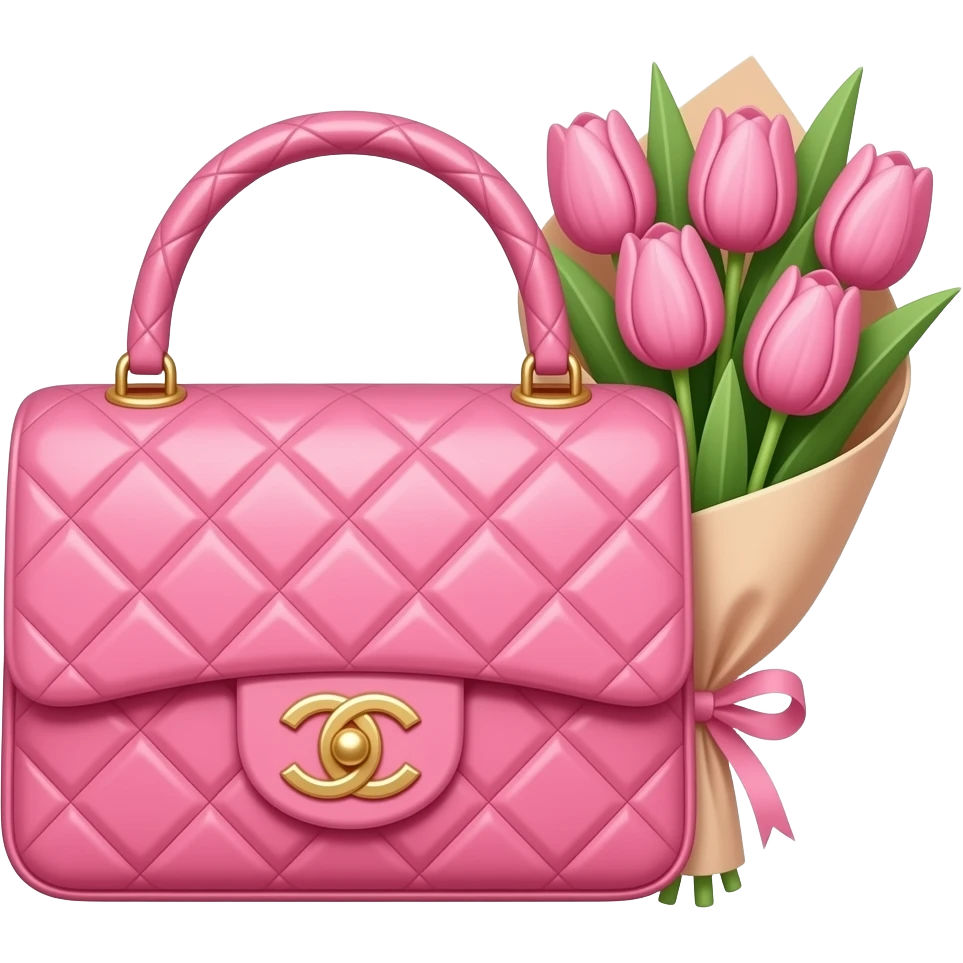 Pink Chanel bag with a pink tulip bouquet next to it emoji
