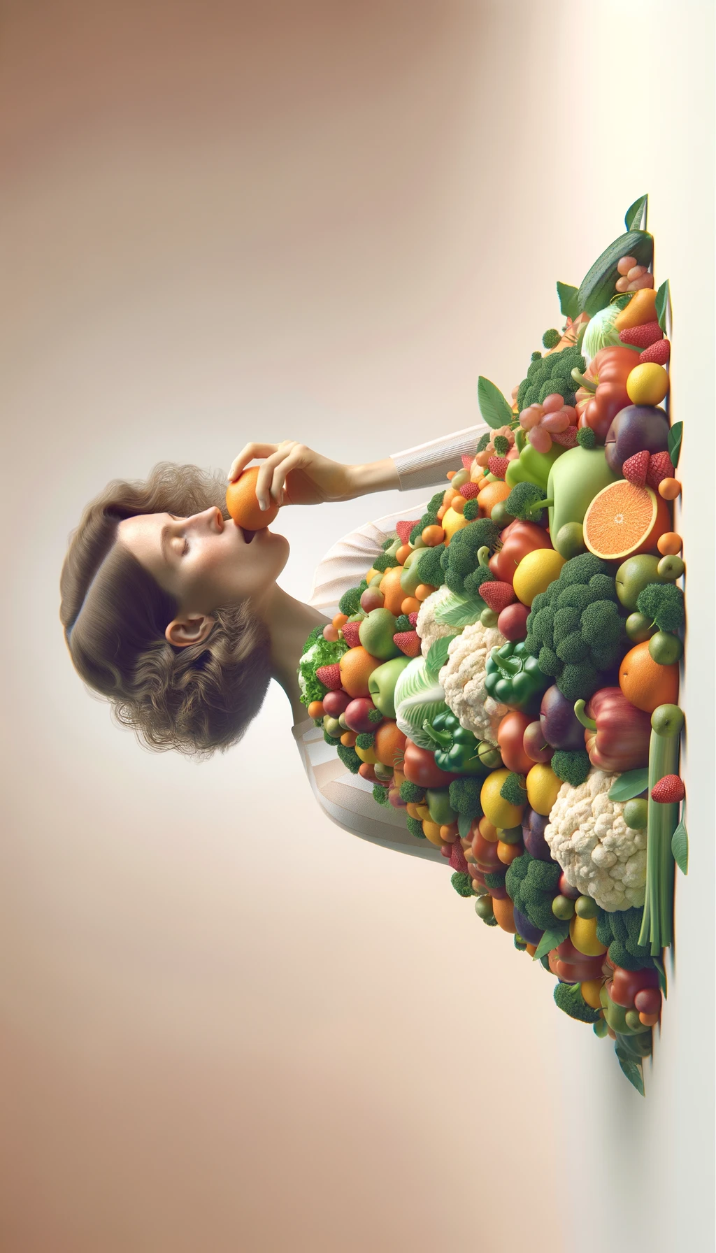 donna che mangia una montagna di frutta e verdura, SFONDO CHIARO NEUTRO, colori realistici, iperrealistico 4k emoji