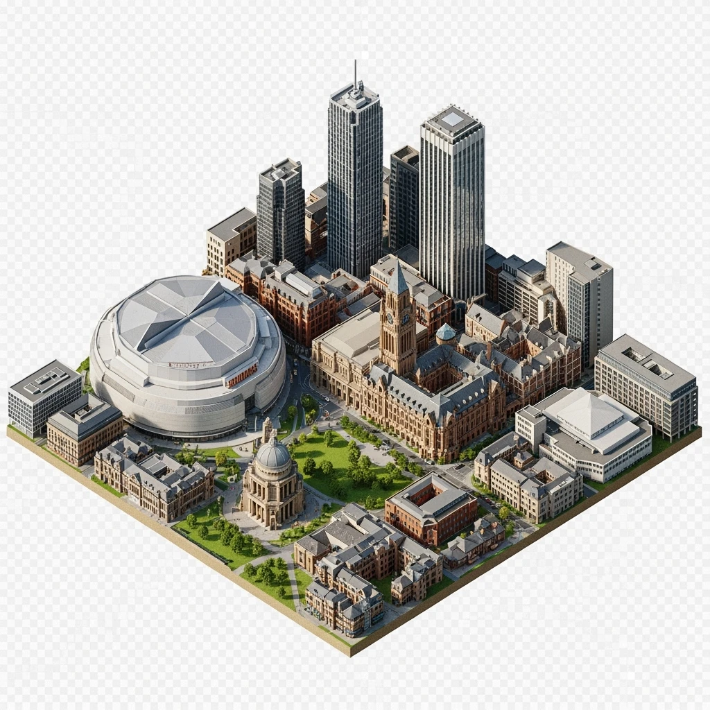 Isometric illustration-model of panorama view Birmingham with photorealistic main buildings, balanced between stylized and realistic, 3D miniature effect, transparent background. emoji