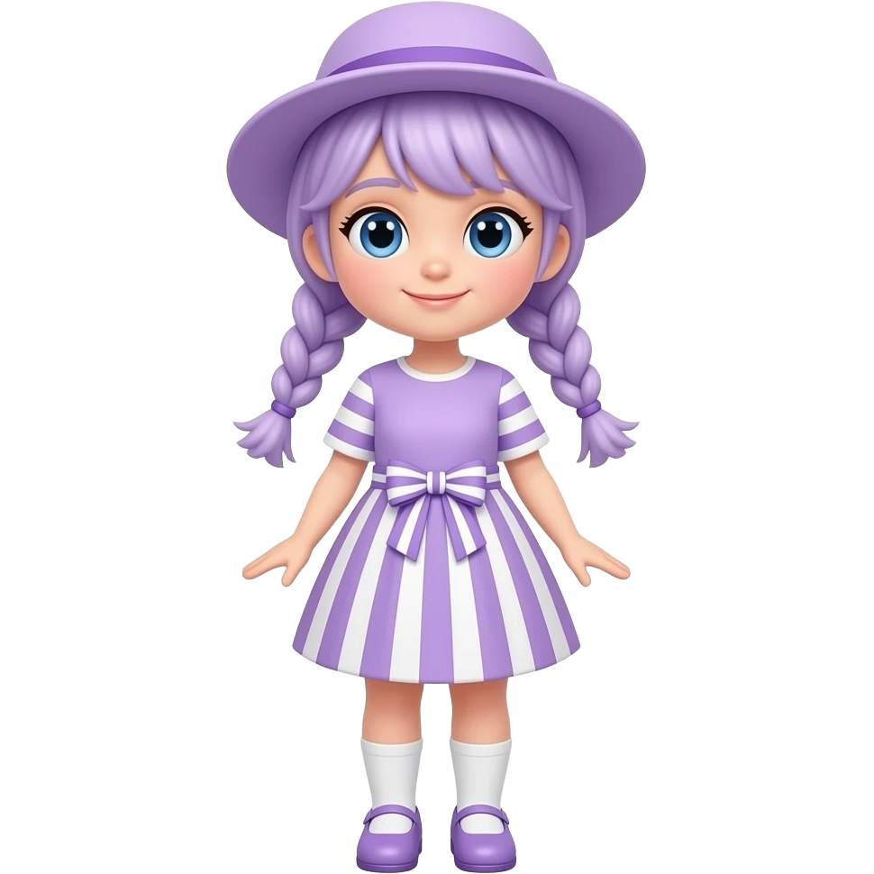 A white/fair skinned girl with pale purple hair tied in two braids, and blue eyes and wearing a pale purple dress with pale purple and white striped sleeves, a pale purple and white striped skirt with a pale purple and white striped bowbow), a pale purple sun hat, white socks and pale purple shoes. emoji