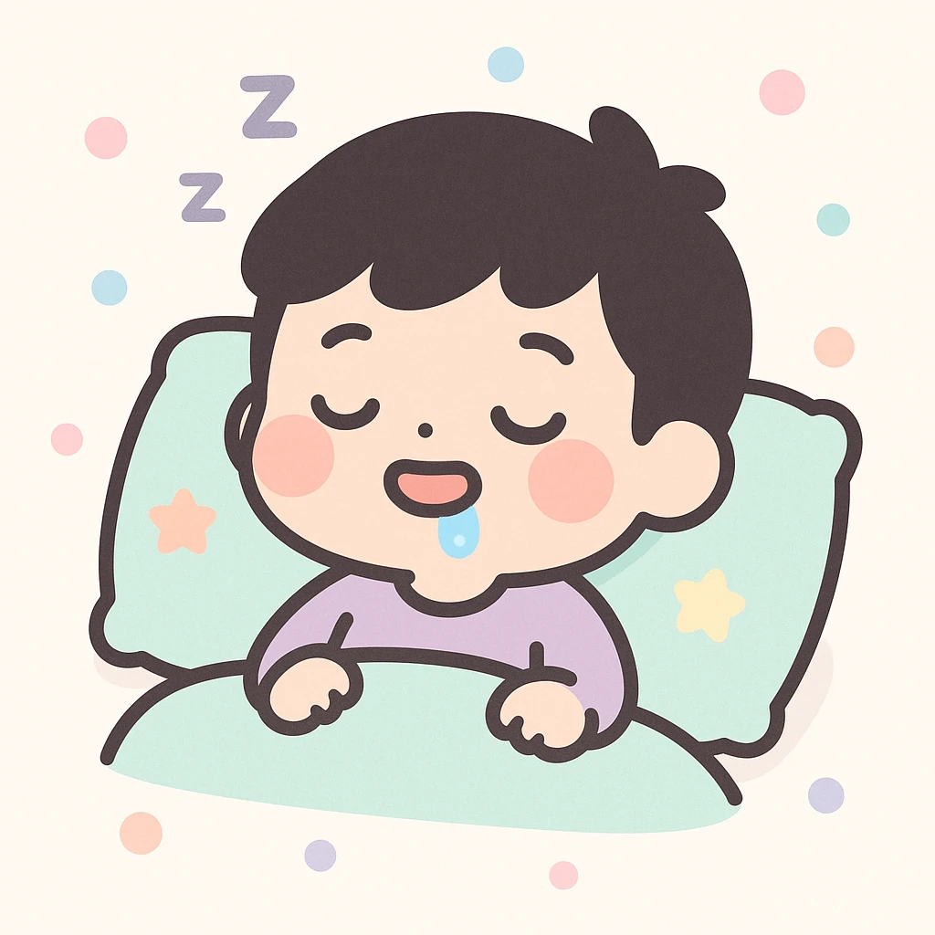 man with black hair drooling while sleeping with his head on a pillow, kawaii style emoji
