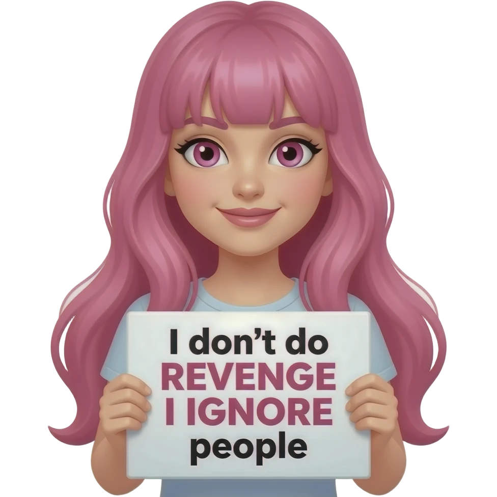 sexy girl with long pink hair and pink eyes holding a I don't do REVENGE I IGNORE people sign emoji