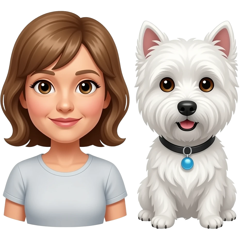Middle age woman brown eyes , shoulder length light brown hair, with a female westie and a male westie emoji