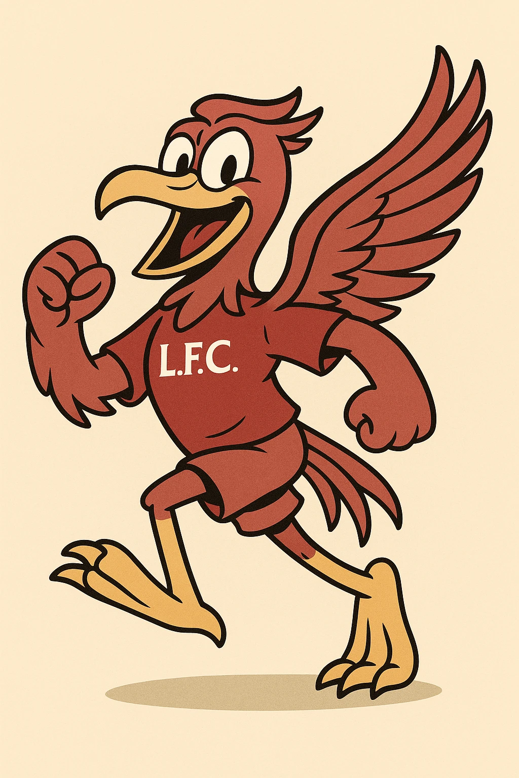 Liverpool FC mascot, cartoon liver bird, red and yellow, energetic pose, sports team style emoji