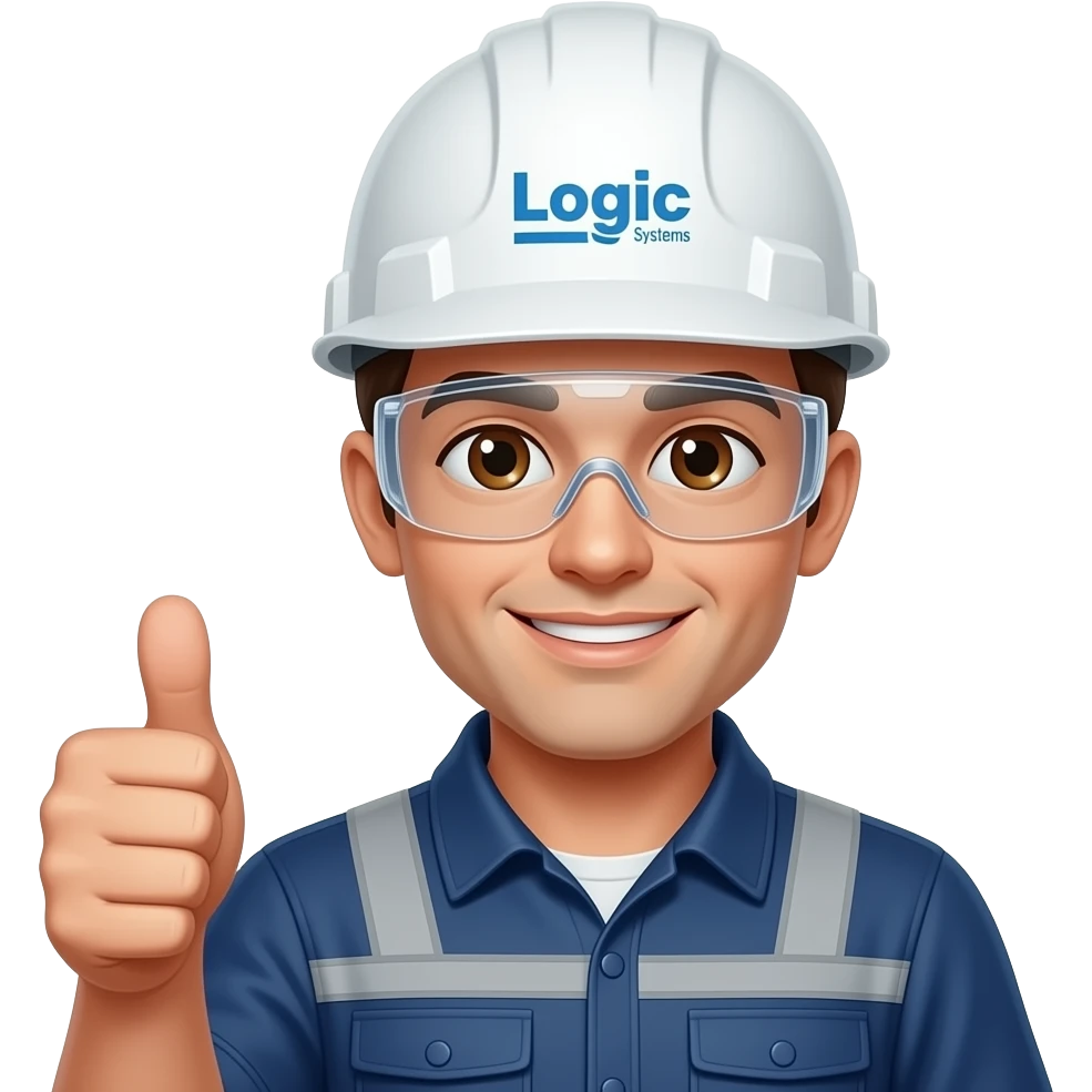 Electricista con ojos marrones claros  con casco blanco y que diga Logic Systems   tenga lentes de protección  y con la mano derecha con el dedo pulgar arriba emoji