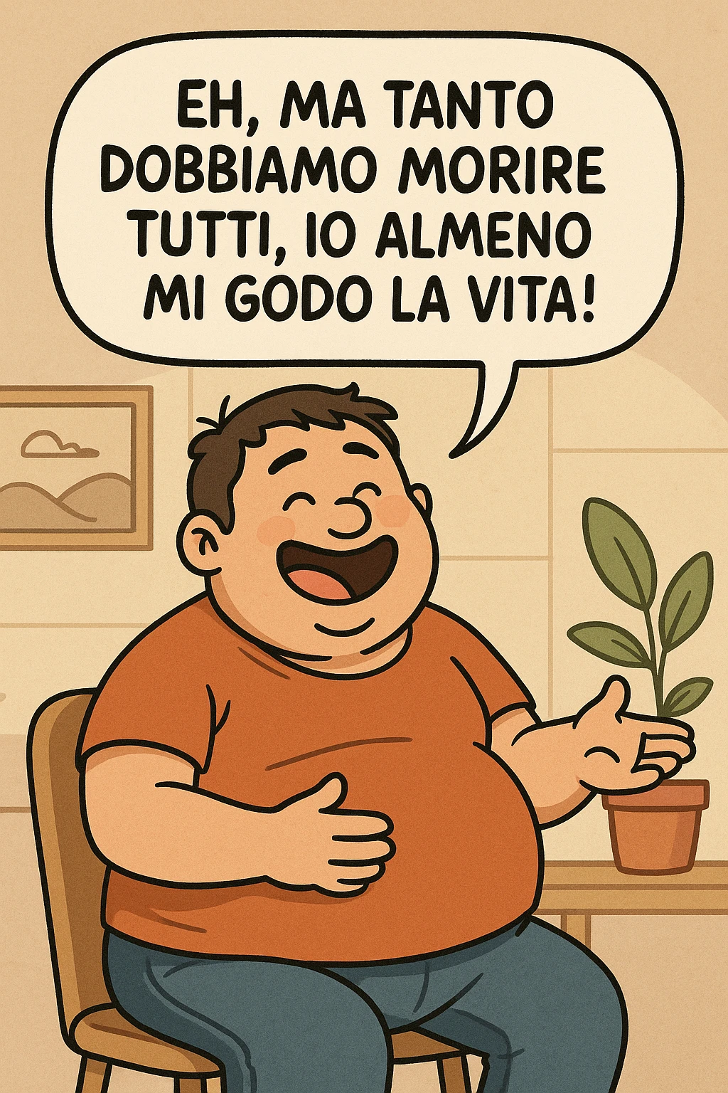 uomo grasso che dice "Eh, ma tanto dobbiamo morire tutti, io almeno mi godo la vita!" emoji