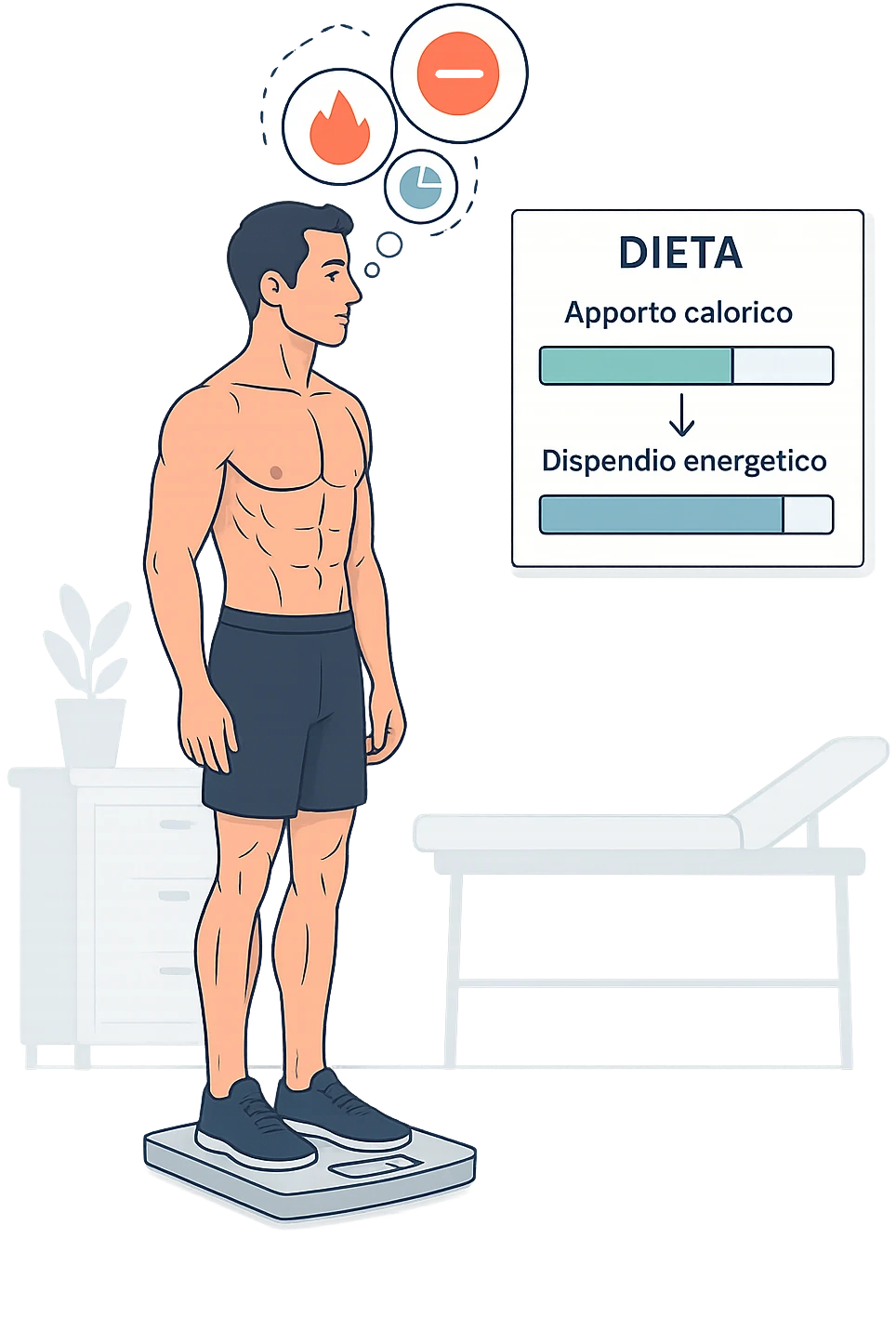 a man stands on a digital scale, looking at a nutrition chart that shows his daily calorie intake is lower than his energy expenditure. Floating icons above his head display a negative calorie balance, and his body appears slightly leaner, with visible muscle definition. The background is a modern clinic, emphasizing the concept of caloric deficit. scritto in italiano emoji