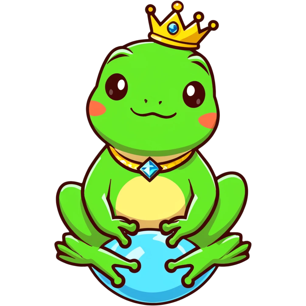 glamorous frog wearing a jeweled choker, sitting on top of the world emoji