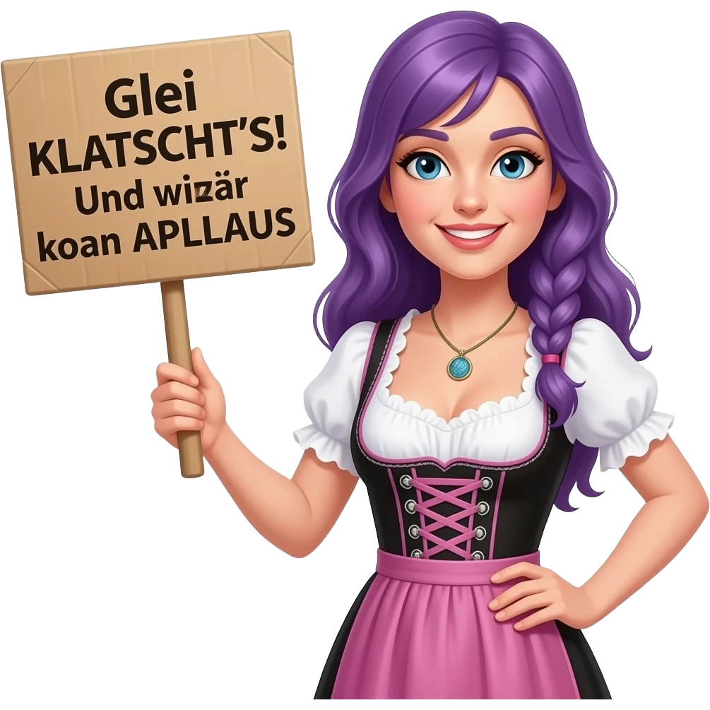 girl with long purple hair wearing a dirndl holding a Glei KLATSCHT'S! Und zwar koan APLLAUS sign emoji