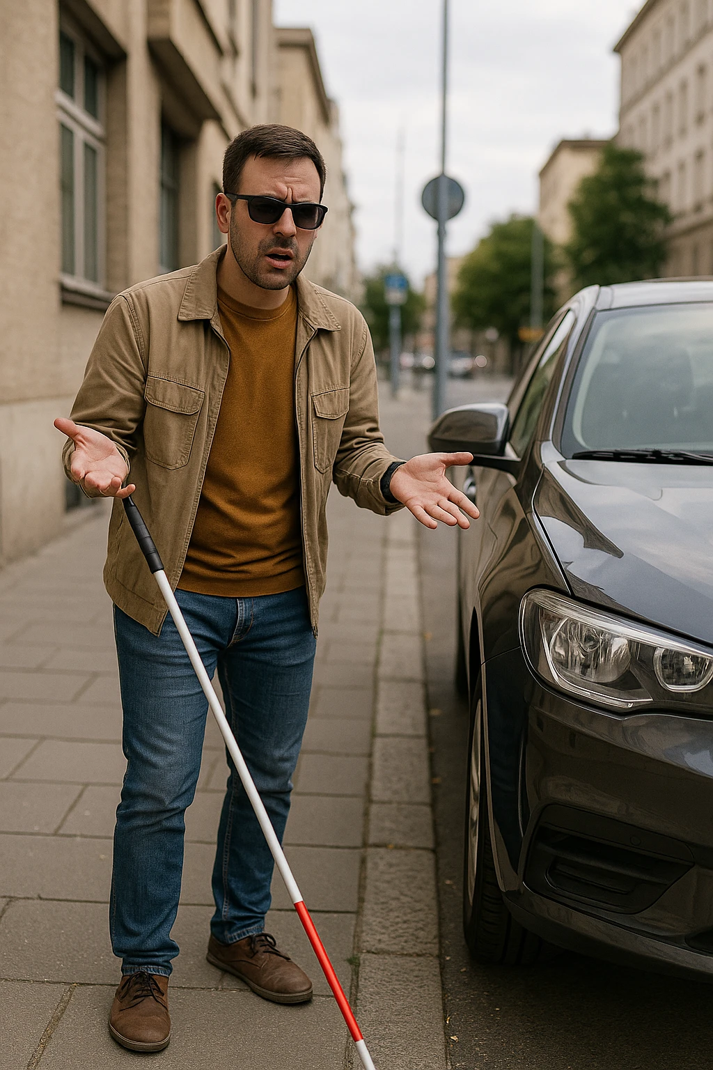 A visually impaired person using a white cane, stopped by a car parked on the sidewalk, showing frustration or confusion. emoji