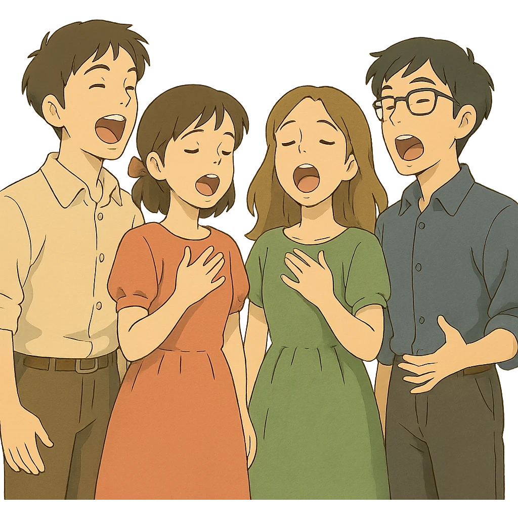 harmonious and expressive acappella group, ghibli style emoji