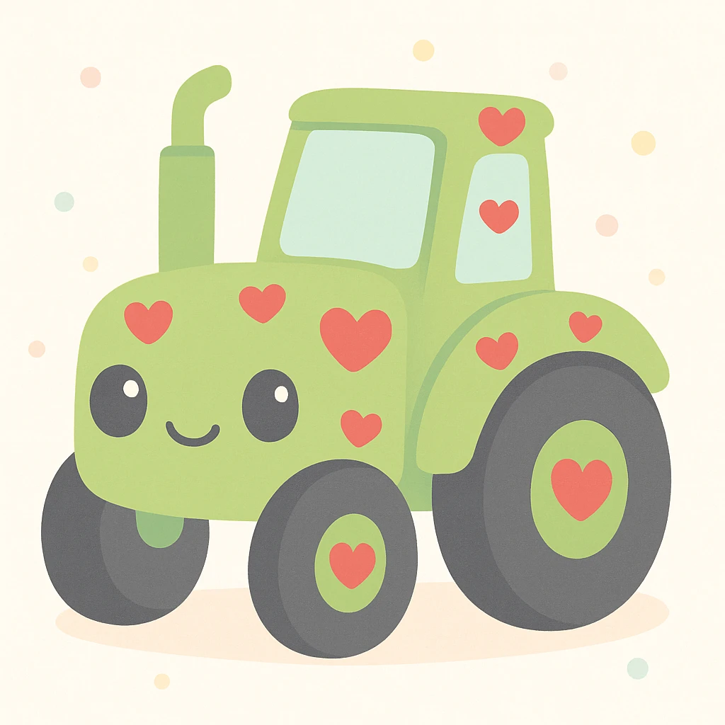 green tractor decorated with red heart emojis, cute and playful style emoji
