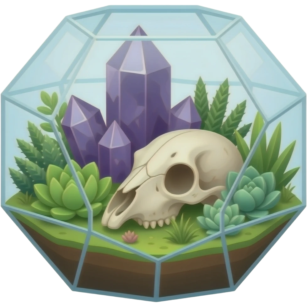 succulent geometrical terrarium with amethyst cluster and animal skull inside emoji