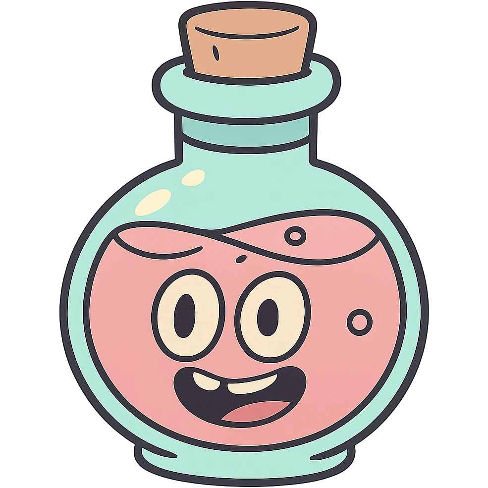 adorable potion bottle, flat illustration, rounded shapes, pastel color palette, minimal details emoji