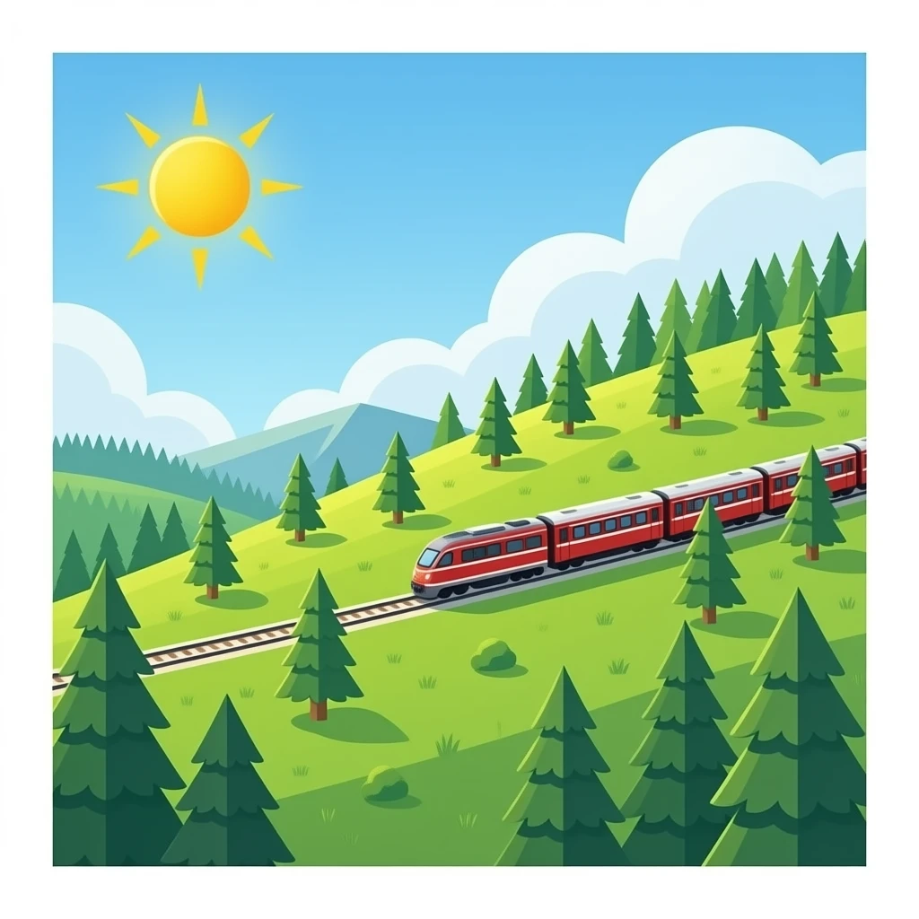 A train on a mountain of grass lots of trees and a sun emoji