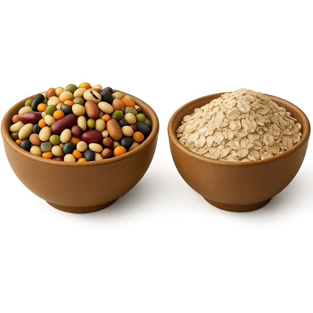 BOWL DI LEGUMI INSIEME A BOWL DI FIOCCHI DI AVENA POGGIATE,  iperrealistico 4k emoji