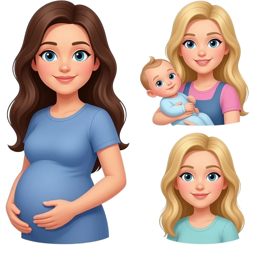 Caucasian women with long hair: 1 brunette whose pregnant, 1 dirty blonde tall, 1 mom 1 blonde with baby in arms, 1 blonde small, 1 brunette emoji