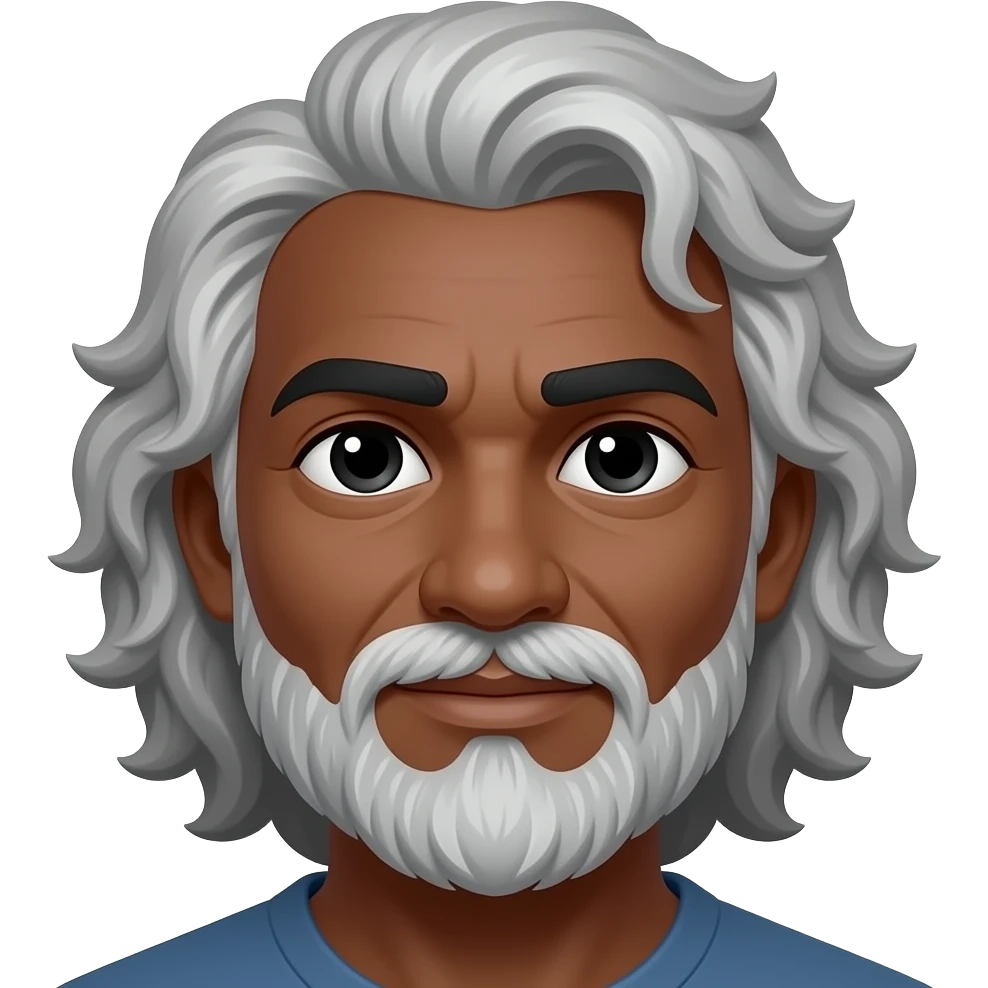 العيون مسحوبة حواجب سوداء رمادي بشره قمحيّة اللون وعمرة ستون عاما رجل شعره كيرلي رمادي طويل عيناه اسود له لحية emoji