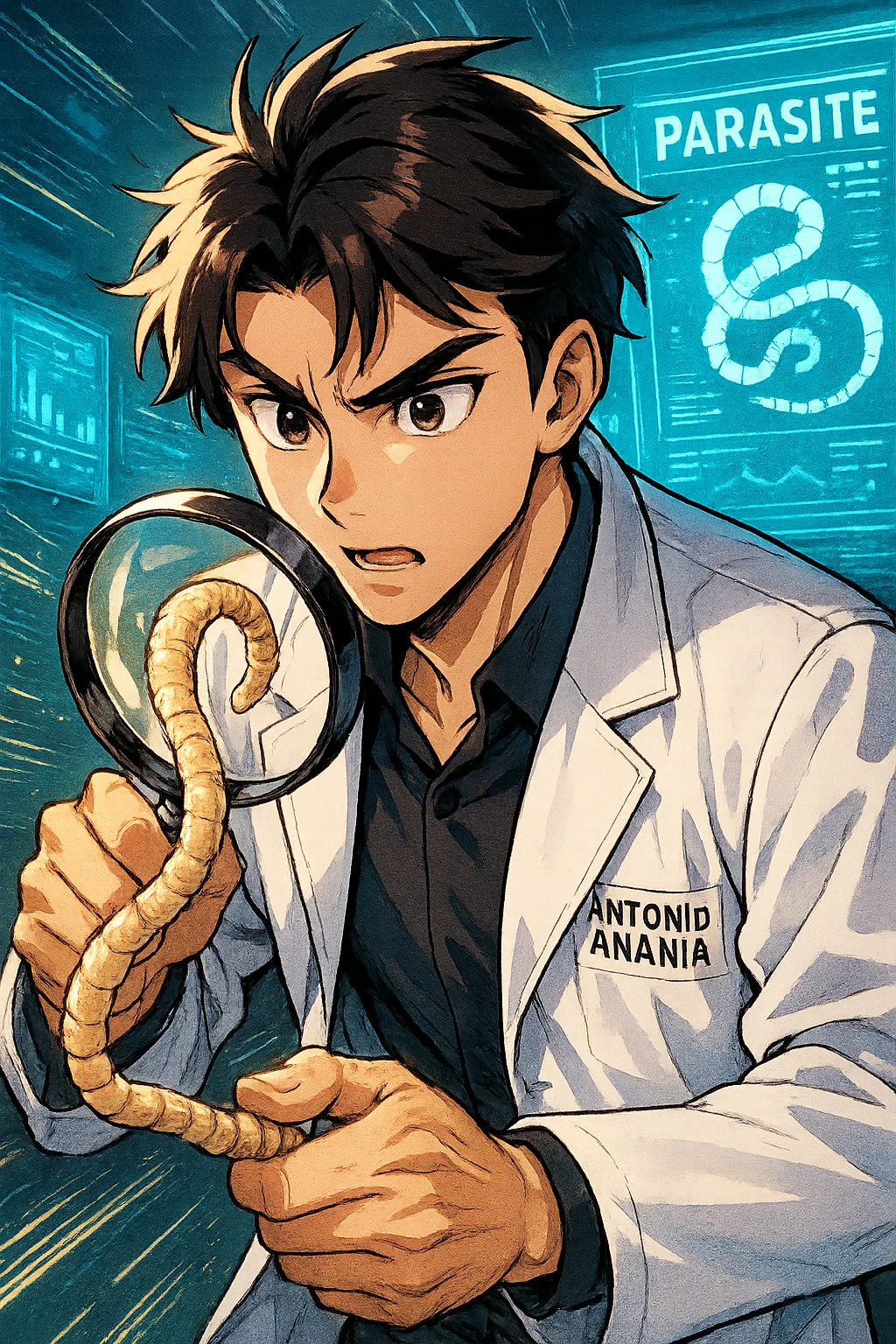 A dynamic manga/webtoon-style illustration of a young male kinesiologist wearing a clean white lab coat, analyzing light beige worms like a tapeworm under a magnifying glass. His expression is focused and slightly intrigued, with sharp, detailed eyes. The art style is vibrant, with bold linework, rich colors, and dramatic lighting. The background is a futuristic laboratory with glowing holographic screens displaying parasite data. The tapeworm is intricately drawn, slimy and segmented, with a slightly exaggerated yet realistic texture. The composition is dynamic, with motion lines or energy effects to emphasize his scientific investigation. The atmosphere is intense but not dark, keeping a balance between scientific seriousness and stylish manga aesthetics, he has "ANTONIO ANANIA" WRITTEN ON WHITE LAB COAT emoji