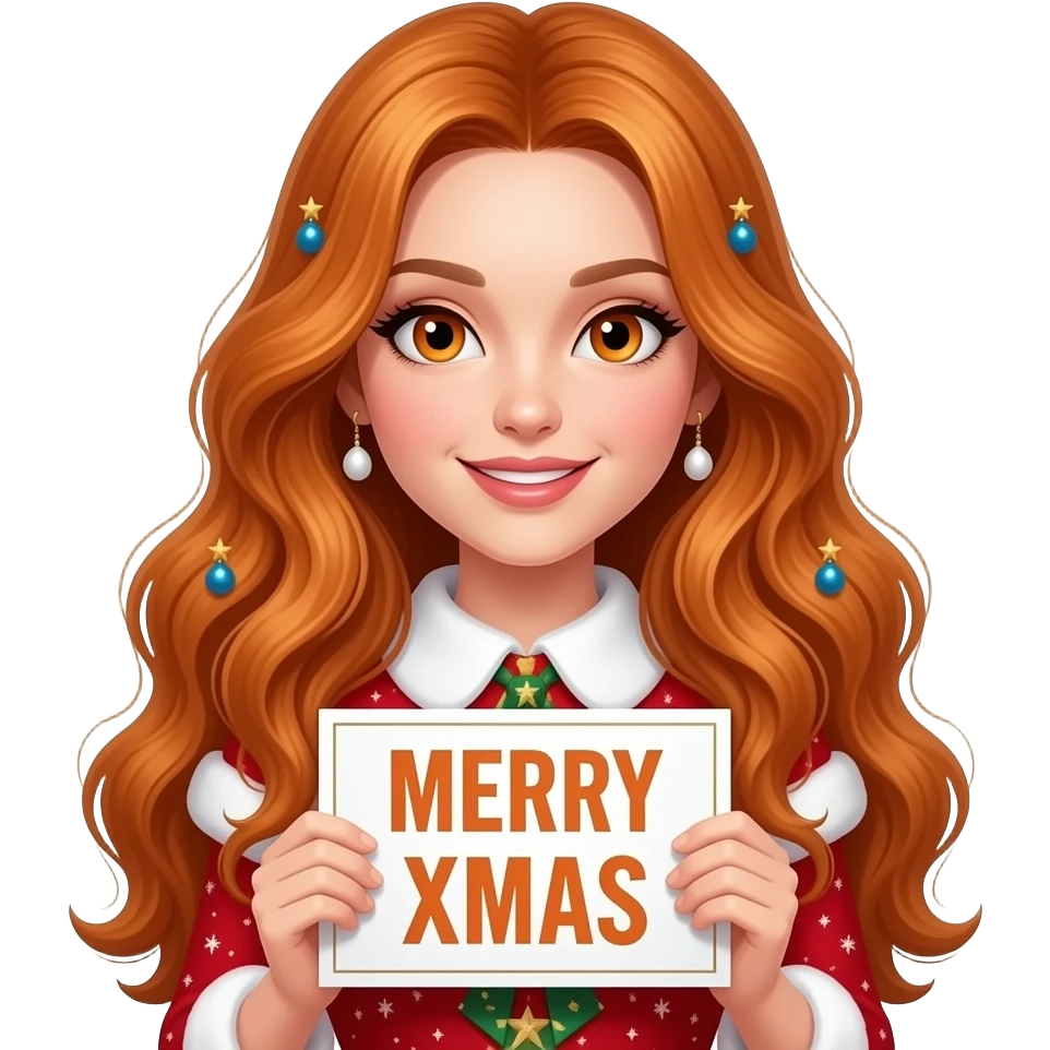 sexy girl with overlong ginger hair and ginger eyes wearing a christmas dress holding a MERRY XMAS sign emoji
