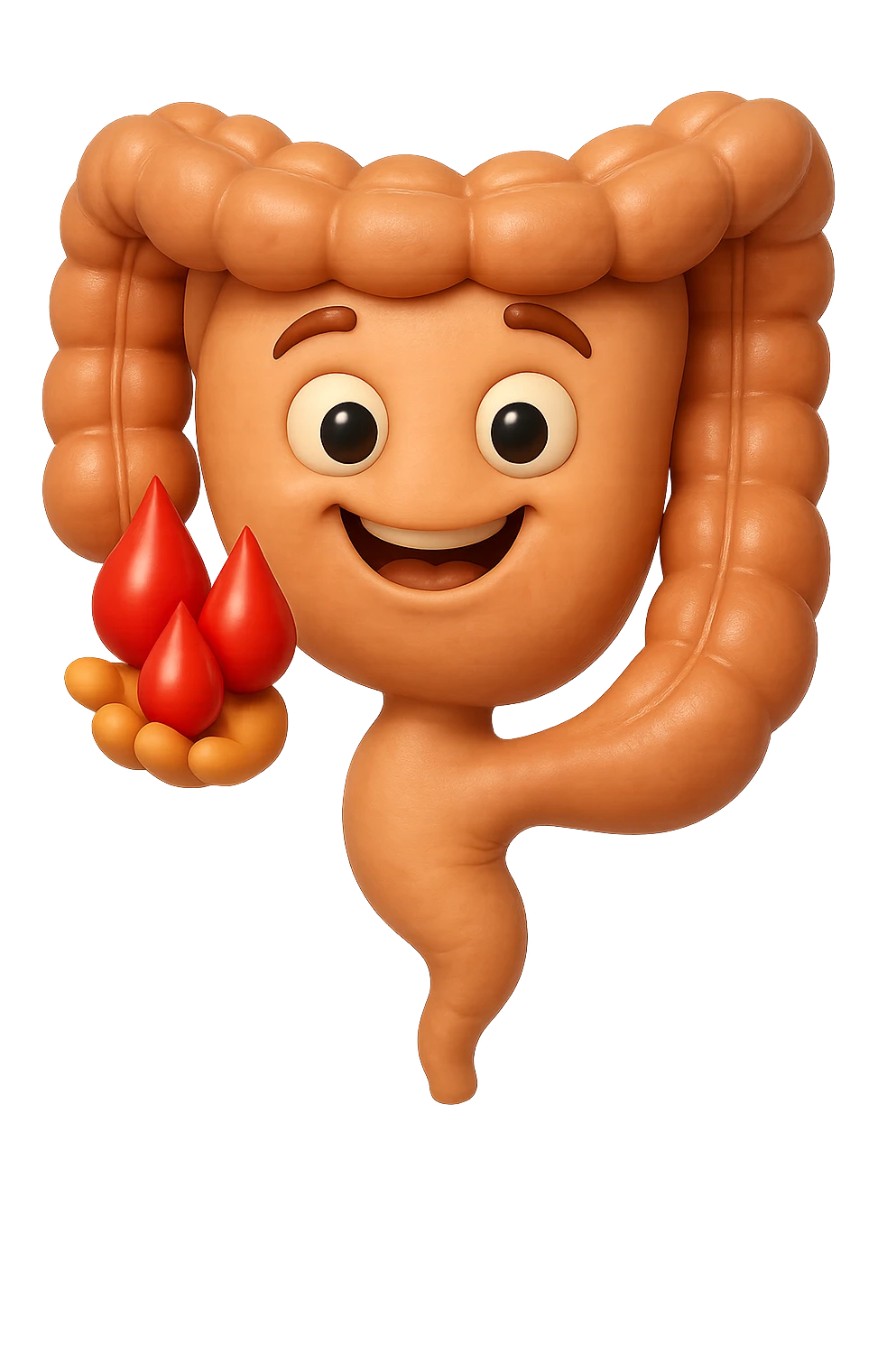 emoji stile iphone 3d di stomaco e intestino collegati verticalmente con 3 gocce di sangue 3d in mano, iperrealistiche 4k emoji