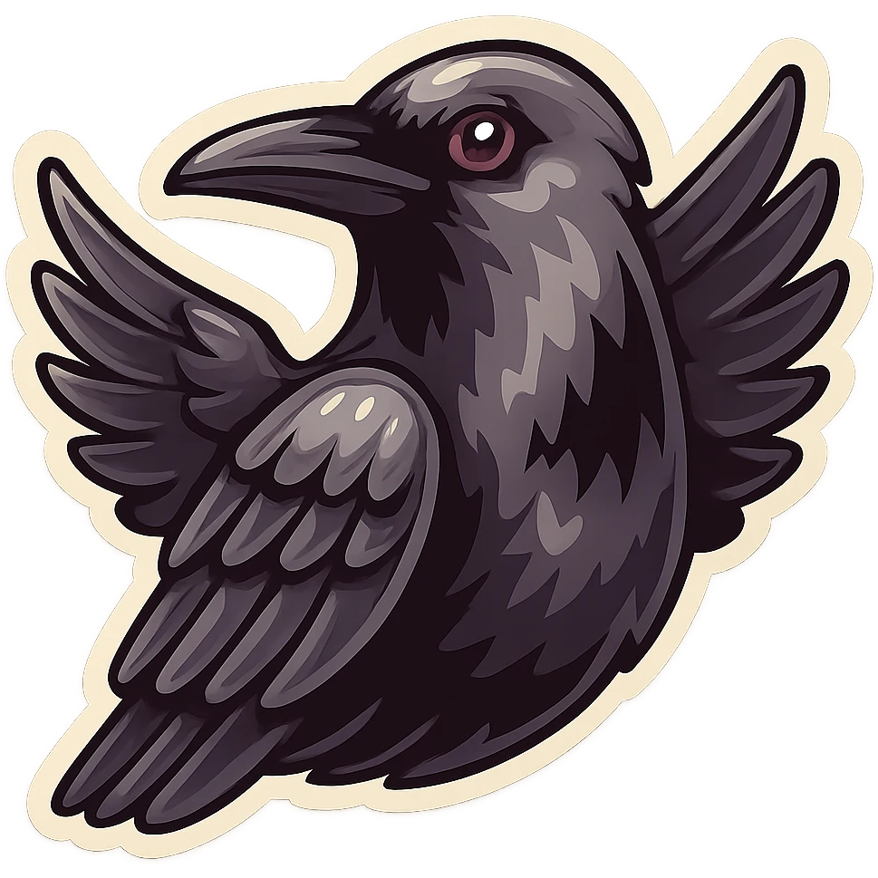 A crow in profile with spread wings in retro sticker style, expressive, with volume, various shades of gray, clear contours, vintage atmosphere, no gradients. emoji