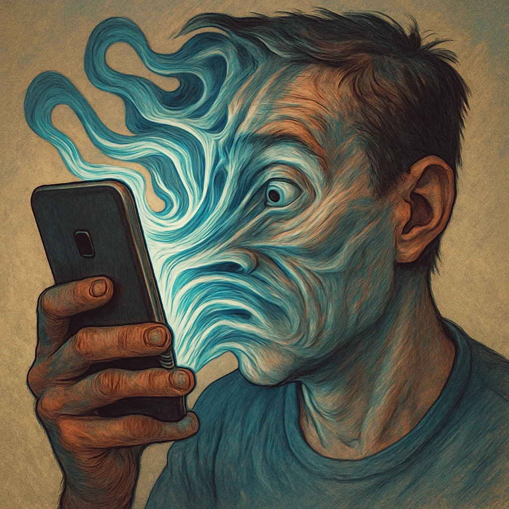 Лицо человека, который держит близко перед лицом смартфон и экран будто бы засасывает его мысли и лицо, слегка рисованный но при этом реалистичный и объемный стиль emoji