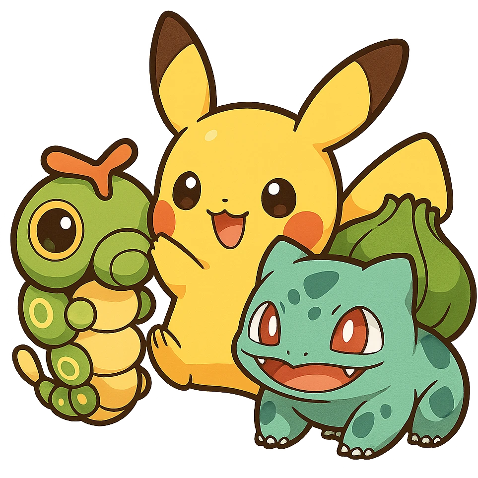 Caterpie with Pikachu and Bulbasaur, playful chibi style emoji
