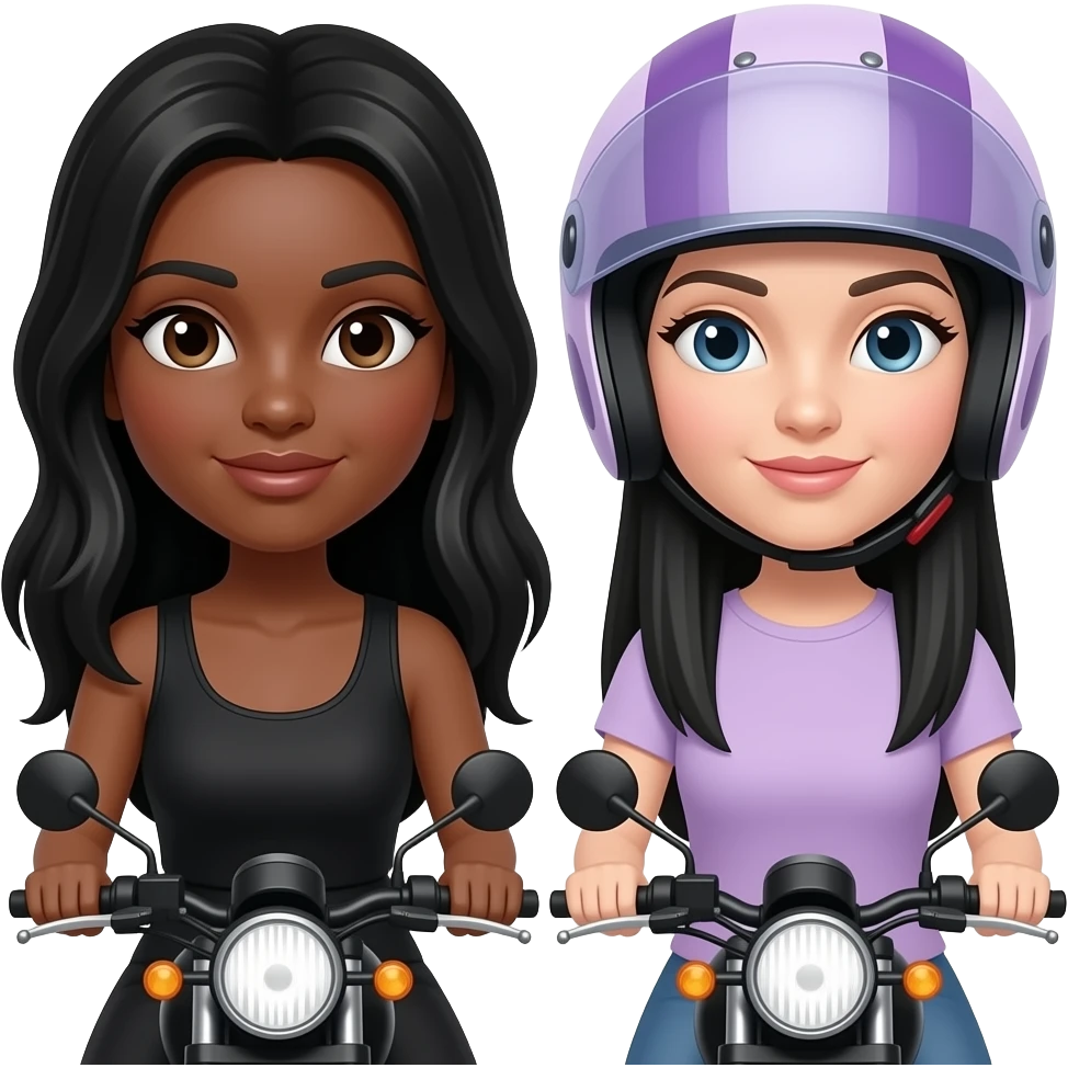 Mujer de tez morena cabello largo negro  y mujer de tez blanca de cabello negro lacio largo con casco color lila y moradoen moto negra emoji