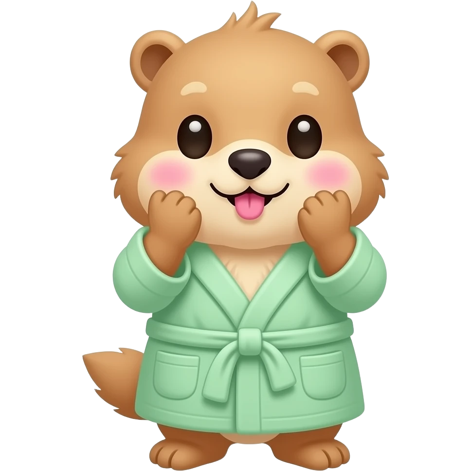 Cute blond Marmot touching her big cheeks with , pink cute lips and wearing light green bath robe emoji