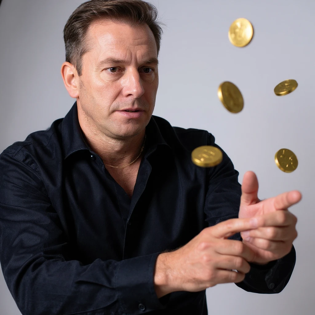 Add the effect of gold coins being thrown by the man with his hand, symbolizing valuable good advice. Maintain a realistic and cinematic style, vertical format 2:3. emoji