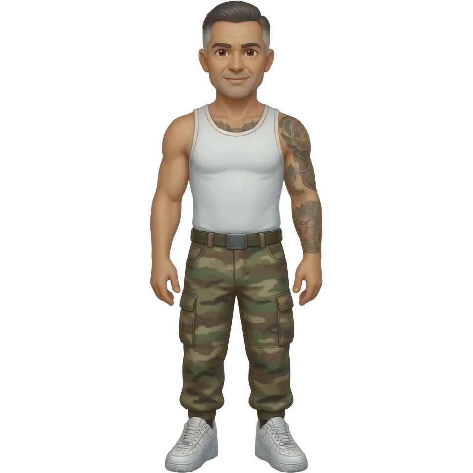 create an emoji of this man, older white man with brown eyes short hair wearing cargo army print pants nike air force shoes and white tank top with tattoos on his arm emoji