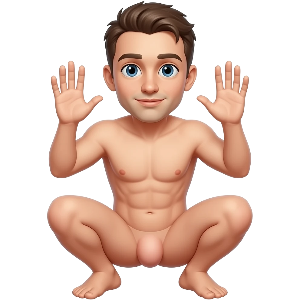 Nude autistic guy, crouching hands up little dick emoji