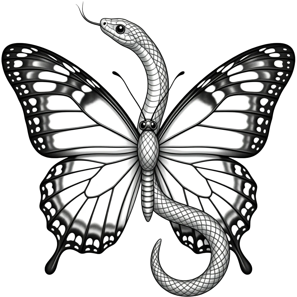half snake half butterfly black fine line emoji