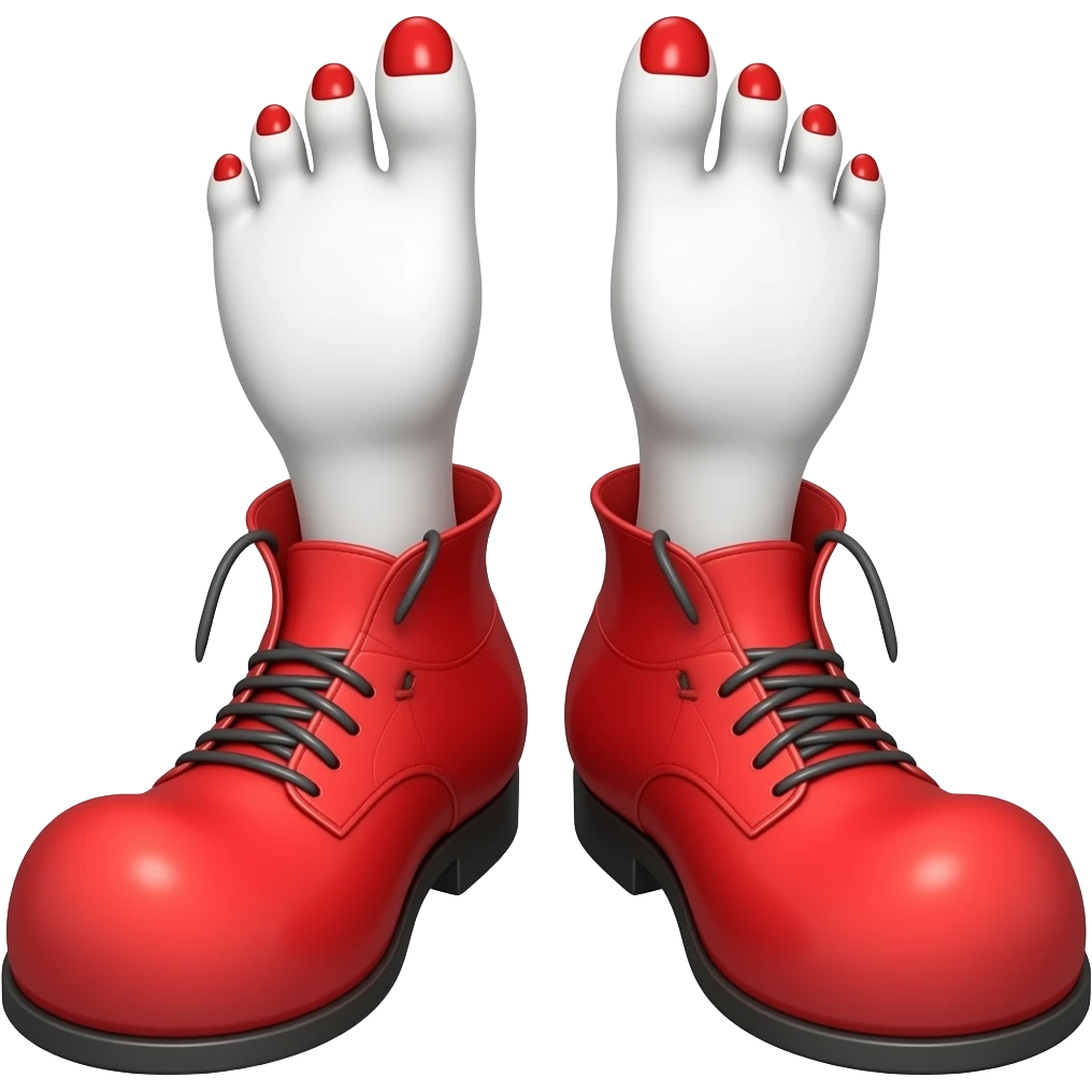 White toes with red toenails stick out of clown shoes emoji