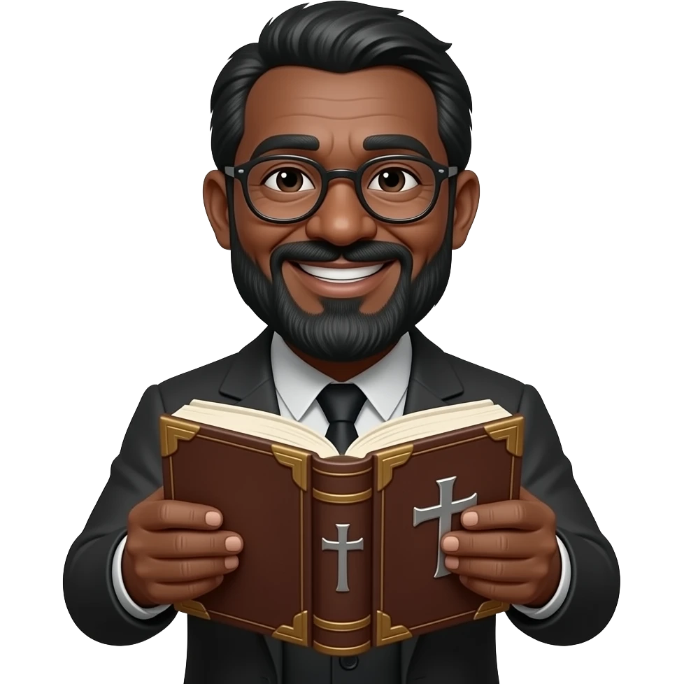 wise old man with greying black hair black skin glasses smile with book that has a cross on it emoji