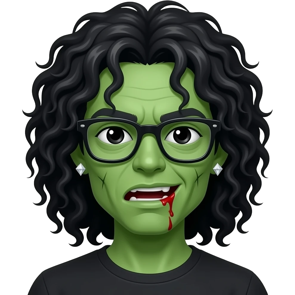 ow quality, green skin zombie, all black eyes, black long curly 3c type hair, mouth slightly open with blood and scars on head, lunette noir, boucle d'oreille diamant emoji