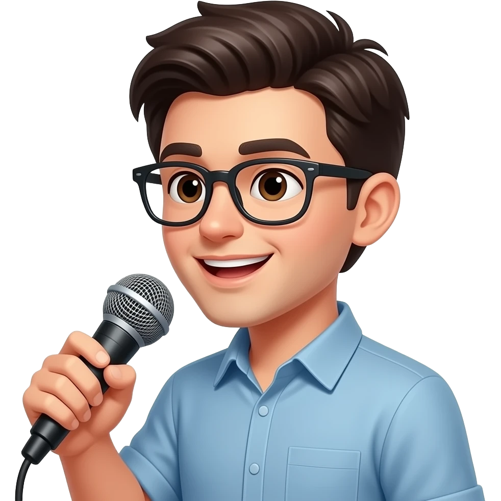 Молодой парень, темноволосый в очках стоит боком и говорит что-то в микрофон emoji