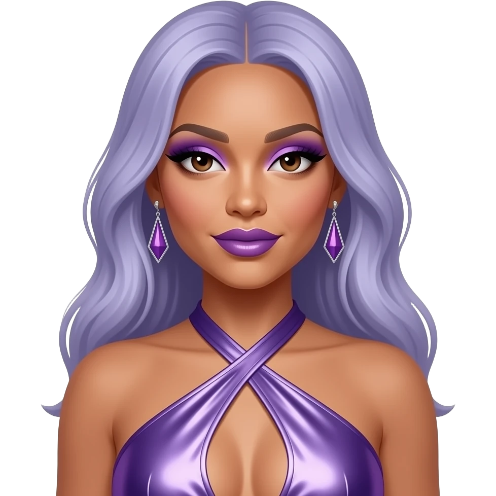 Cardi B with dark brown eyes, long periwinkle hair, periwinkle eyeshadow and lipstick, periwinkle metallic halter dress, periwinkle earrings emoji