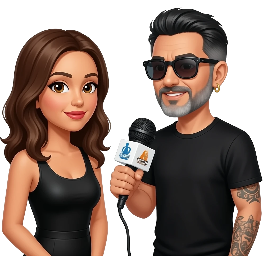 A podcast host, a handsome Latino man with medium hair, a graying beard, tattoos, hoops in his nose and ear, all in black with sunglasses, interviews a woman in front of a microphone with a logo reading "As I Am." emoji