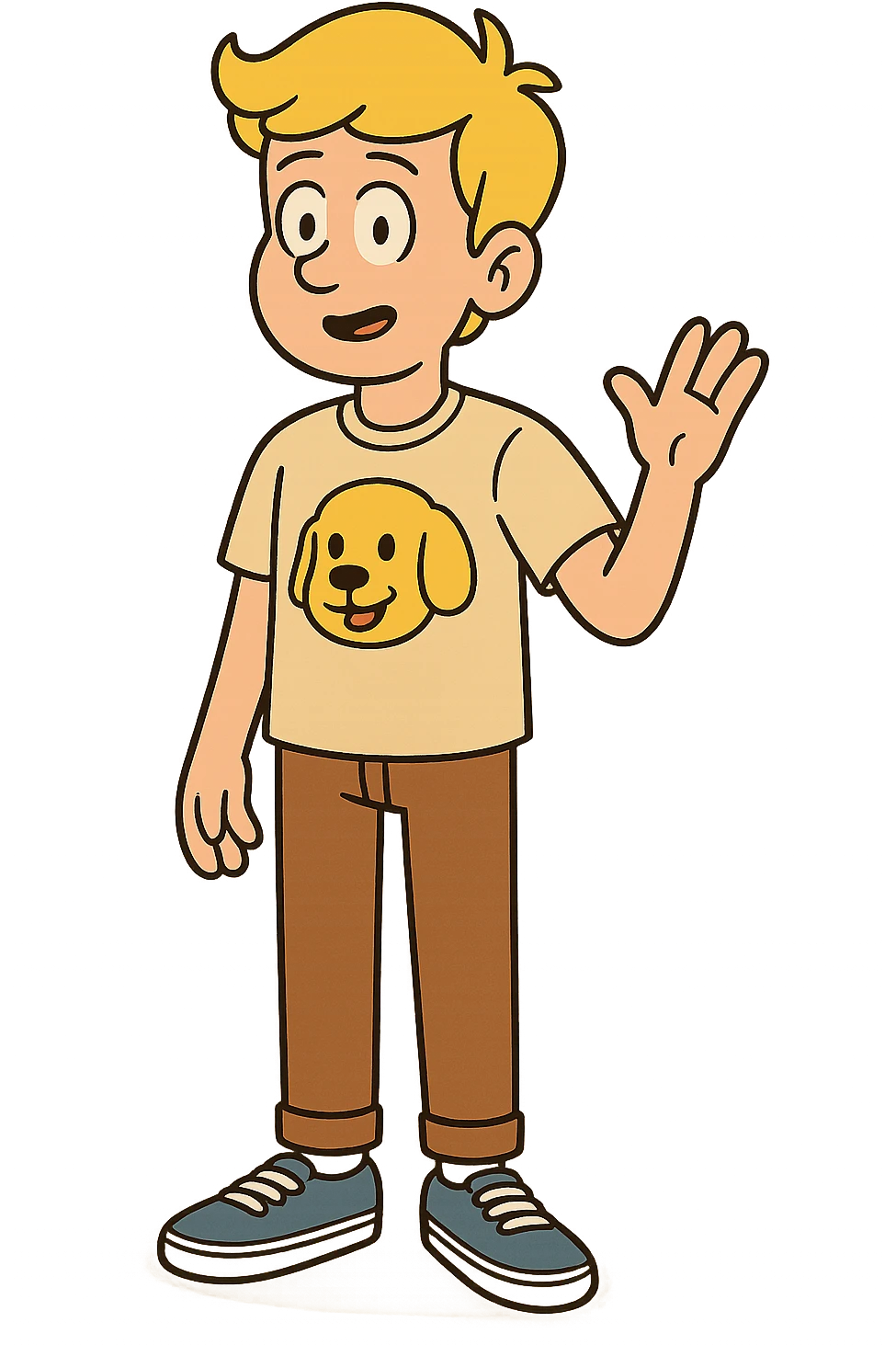 A boy yellow hair dog mascot logo t-shirts brown trousers blue vans shoe  emoji