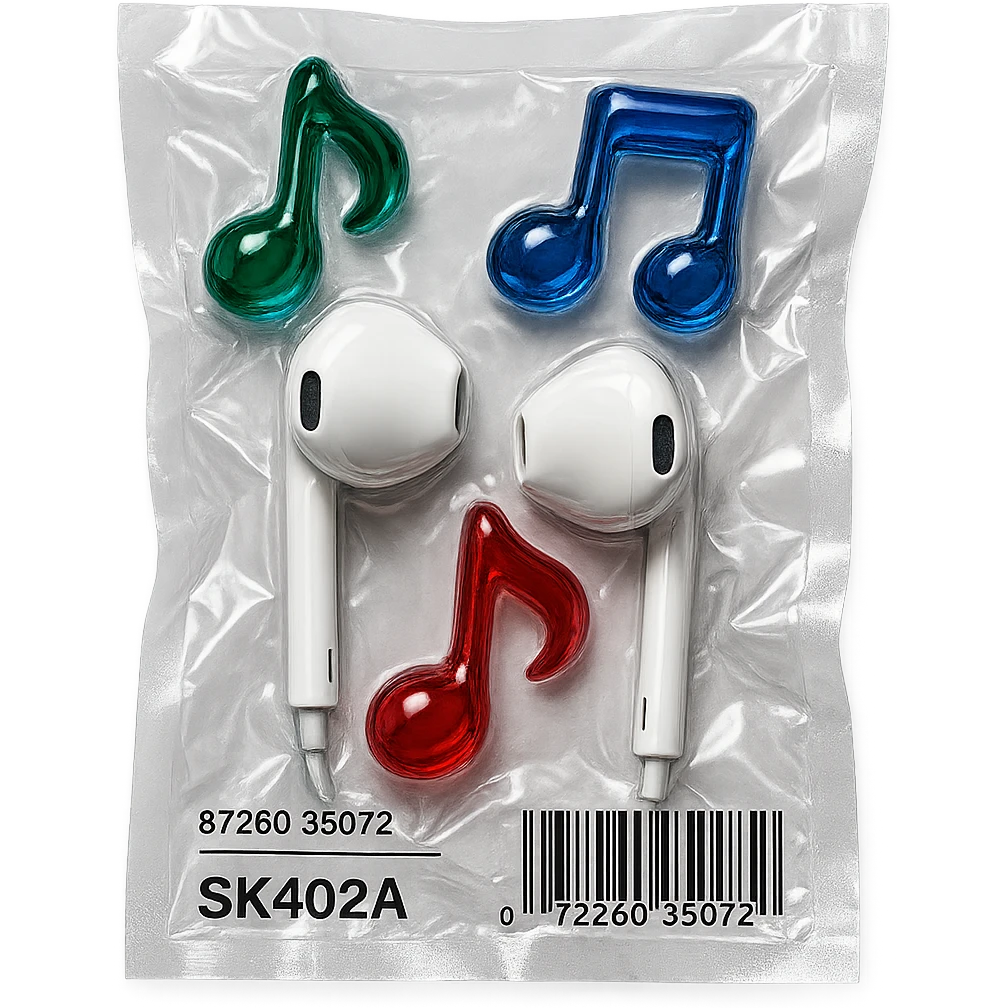 pair of white EarPods with three floating glass music notes in deep jewel tones (emerald, sapphire, ruby), shiny and puffy emoji